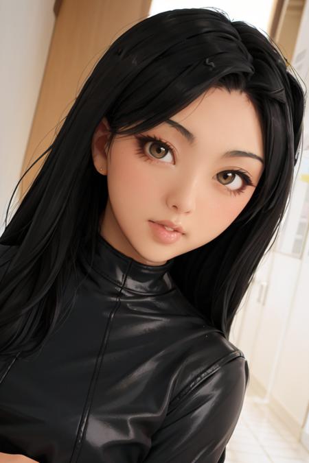 s40r1h,1girl, face closeup, black leather costume, white hallway <lora:s40r1h-000002:1>