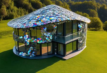 1house, outdoors, magnificent view, modern twist, astonishing, made of cd's, 4k, highly detailed
