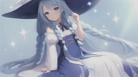 masterpiece, best quality, 1girl, long hair, braids, (masterpiece), (super delicate), (illustration), blue hair, white eyes, white dress, upward gaze , sitting, witch hat, sparkles,