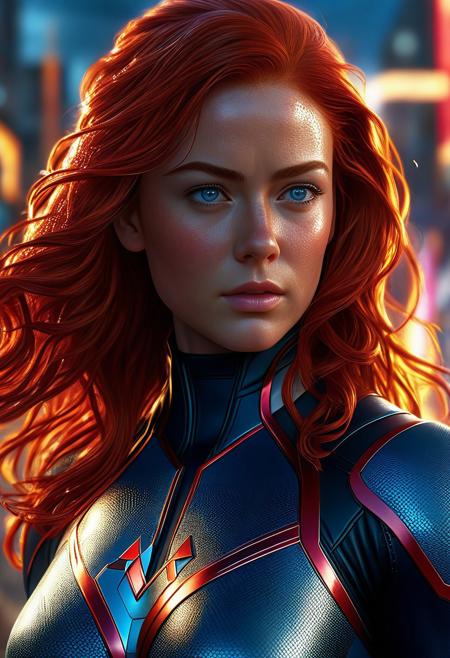 Ultra detailed digital art masterpiece, Hyperdetailed, hyperrealism, extremely high resolution of Beautiful Jean Grey, Greg Rutkowski style, standing in the runes of a metropolis, Realistic blue eyes, wavy long red hair, Marvel, X-Men, Intricately Designed X-Men costume, 8K, deep color, Cinematic Lighting, intricate smooth, sharp focus digital painting, Artgerm, WLOP, Greg Rutkowski, Beautiful Sadie Sink as Jean Grey, wavy red hair, Intricately Designed handsome freckled face, Marvel comics, Realistic combat dirty clothing, perfect whole athletic body, defiant and seductive, Photograph Taken on Nikon D750, Intricate Elegant, Digital Illustration, Scenic, Unreal Engine, CryEngine, Octane Render, 8k, Designed combat clothes, Attractive, Attractive woman, dramatic lighting, wet and sweaty skin, beautiful firm Breasts, Daylight, Concept art by Greg Rutkowski, adding to the intense and dynamic atmosphere of the scene