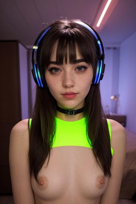 (analog photo:1.1), (rgb glow lights wireless gaming headphone:1.15), short wavy wild bangs ponytail hair, naked, nsfw nudity, e-girl bold makeup, sharp eyeliner, freckles, blushing, nose ring piercing, pink tint lips (20 years old, young:1.2), petite, wear choker, bold thick mascara, yellow eye contact lenses, european, cozy bedroom, (neon glow, cyberpunk vibes room:1.2), waves, warm colors, (inviting expression:1.05), RAW Photograph, dslr, soft lighting, high quality, film grain, Fujifilm XT3, (nsfw:1.1), insane details, masterpiece, 8k, 35mm photograph, dslr, kodachrome, vignette, vintage, Kodachrome, Lomography, stained, highly detailed, found footage, aerial angle, close up view