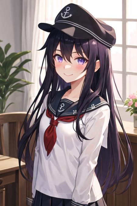 best quality, masterpiece, highres, solo, {akatsuki_kantaicollection:1.15}, long_hair, serafuku, hat, anchor_symbol, purple_eyes, purple_hair, flat_cap, blush, black_hair, hair_between_eyes, 1girl, alternate_costume, looking_at_viewer, black_headwear, upper_body, shirt, smile