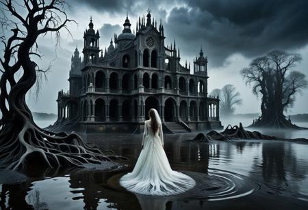 lazypos, Organic Macabre
A forlorn bride stands at the edge of black, rippling waters beneath a heavy, clouded sky. Her wedding dress is tattered and soaked, merging with the dark, viscous surface like shadows bleeding into the abyss. Her pale, elongated face is obscured partially by wet, tangled hair, eyes hollow with sorrow and despair. Around her rise twisted, skeletal trees and crumbling gothic ruins, their baroque architecture warped and decayed, looming over a desolate, nightmarish landscape. Mist and smoke swirl thickly, blurring the boundary between water and air, while ghostly, deformed figures and skulls faintly emerge beneath the surface, symbolizing death and decay. The scene is rendered with intricate textures and layered darkness, evoking a macabre, surreal dreamscape where melancholy and dread intertwine. Light is scarce and eerie, casting subtle glows that highlight the bride’s spectral form amid the oppressive gloom