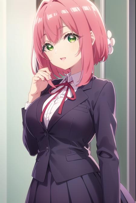 hakarihanazono, <lora:hakarihanazono-lora-nochekaiser:0.8>,
hakari hanazono, short hair, hair ornament, (green eyes:1.5), pink hair, flower, hair flower, hair between eyes, sidelocks, <lora:talkmouth_E_v100:1>, open mouth,
BREAK skirt, shirt, ribbon, school uniform, blazer, white shirt, pleated skirt, collared shirt, black skirt, red ribbon, neck ribbon, 
BREAK looking at viewer,
BREAK indoors, classroom, (cowboy shot:1.5),
BREAK <lyco:GoodHands-beta2:1>, (masterpiece:1.2), best quality, high resolution, unity 8k wallpaper, (illustration:0.8), (beautiful detailed eyes:1.6), extremely detailed face, perfect lighting, extremely detailed CG, (perfect hands, perfect anatomy),