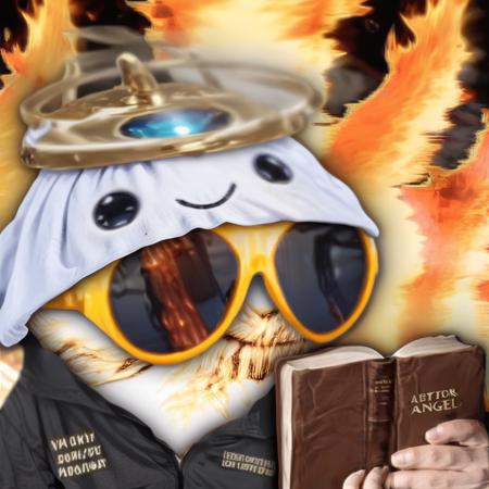 biblically accurate angel sock puppet,<lora:LasogetteXL_v1:0.9>,holding upside down bible,hell background,aviator sunglasses with fire reflections,