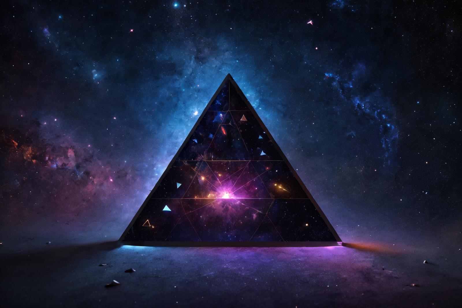 A Triangular Pyramid with Glowing Lights and Colorful Star Fields