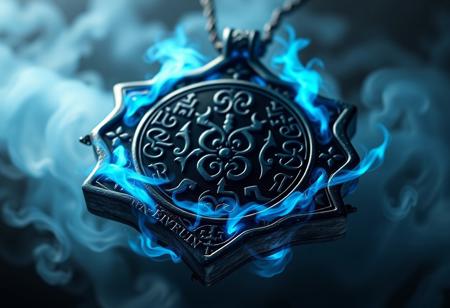 ancient amulet, glowing with dark blue and black energy, intricate sigils carved into obsidian, pulsating with infernal energy, ethereal blue mist swirling around, photorealism, high resolution, ((masterpiece)), suspended in mid-air, glowing demonic symbols floating around the amulet, deep blue and silver hues, dark and mysterious, surrounded by soft shadows, cold and foreboding aura, dark runes etched into the surface, ancient occult artifact, subtle cosmic energy radiating from within, black tendrils of energy reaching out from the edges
NEGATIVE: blurry, flat colors, dull, low quality, modern, cartoonish, overly bright, simplistic, futuristic