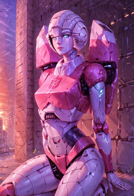 score_9, score_8_up, score_7_up,score_6_up, perfect face, perfect anatomy, rating_questionable, Expressiveh,
sci-fi, futuristic, neon, city, outdoors, sunset,
arcee, transformers, robot, robot, mecha, autobot,
1girl, solo, 28 year old girl, robot girl, mechanical parts,
very white skin,  
sexy pose, cute pose, pouting, mischievous eyes, kneeling on edge of building