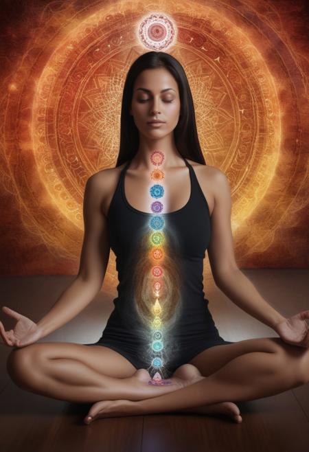 A Yoga Women Sitting in Deep within an ancient, the chakras should be aligned vertically, starting from the root chakra at the base and ending with the Soul chakra at the top of the head, revealing puzzles that resonate with a platinum glow when solved, unlocking the melodies of the earth