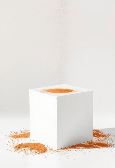 A white cube on a white background, bronze powder falling onto the cube, dramatic crisp light,