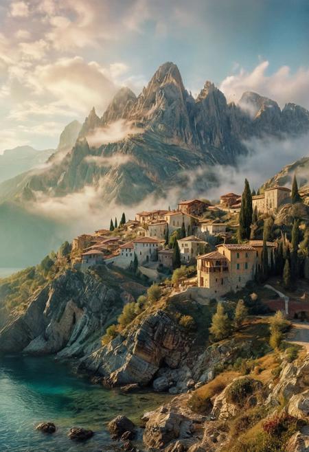 their peaks veiled in mist. mixed media, surrealism, great lighting, A surreal landscape highly detailed . extremely high-resolution details,  appears trapped in an optical illusion of reflections and refractions colorful , mountains and village in Ancient Greece , professional photography, natural lighting, volumetric lighting maximalist. intricately detailed, complex, elegant, expansive, fantastical, film photography style,  medium grain