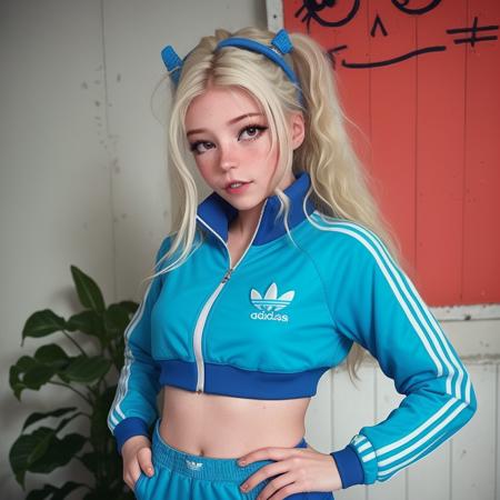 by Jean Michel Basquiat,a cyborg girl, <lora:DI_belle_delphine_v1:1> BREAK Girl wearing Adidas sportsuit, sporty and rich, 80s, vintage photography