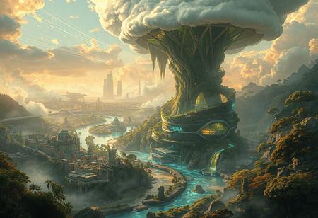 A digital illustration depicting "Hydro-Symbiotic City" a sprawling future metropolis seamlessly integrated with nature. At the heart of the scene, a colossal cloud-harvesting tower, crafted from bioluminescent fungal and algae-based structures, dominates the landscape, its spiraling form intertwined with cascading sponge gardens and misty cloud cathedrals. Rivers flow through the city’s amphibious districts, illuminated by ethereal blue highlights, while faint vapor trails connect the cityscape to a distant, lush Amazonian rainforest, all rendered in layered topography and organic forms. The scene evokes deep ecology and afrofuturism, bathed in a soft, earthy glow, reminiscent of Design Earth and Donna Haraway’s Chthulucene, 8K, steampunk, solarpunk