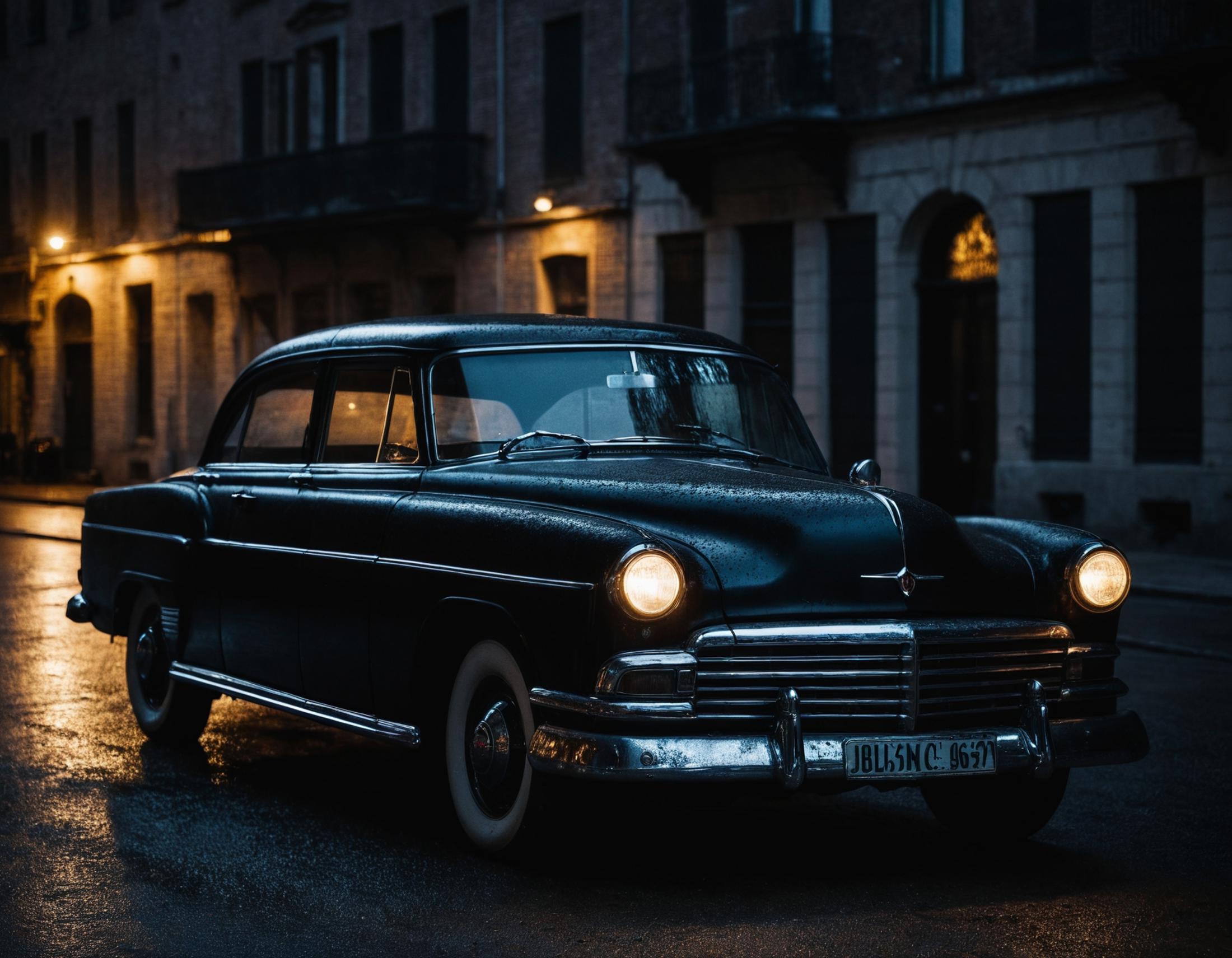 Vintage Black Car Parked on the Street at Night.