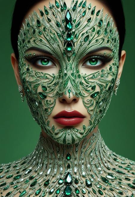Hyper-realistic close-up digital illustration of a striking woman with emerald skin accented by subtle hints of white green, her sharp, expressionless face confronting the viewer directly. Her short, extremely curly black hair is infused with green accents, forming a halo of vibrant texture around her face. Her perfectly black eyes are mesmerizing and enigmatic, piercing straight through the viewer. The right side of her face is adorned with an intricately designed emerald mask featuring a symmetrical floral pattern, encrusted with sparkling crystals that catch and refract light in dazzling brilliance. She wears an avant-garde green Saree, Indian Saree, paired with a dramatic chain necklace that drapes over her face, made of small, glossy green beads arranged in a grid-like design, partially obscuring her eyes and nose. The crimson red background intensifies the scene, contrasting vividly with the monochrome elements and lime green accents, while soft, focused lighting highlights her face and the reflective intricacy of the crystals and beads. Captured with a 35mm lens at f/1.4, this 8K masterpiece emphasizes bold contrast, stunning detail, and a hauntingly elegant avant-garde aesthetic.sss, emeraldmorph , Fanmytwor style