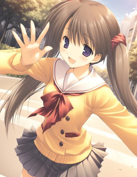 1girl,
<lora:sdxl-boldline:-1>,
 <lora:sdxl2-flat2-512b:-1>
outdoor,
detail background,
dynamic pose,
happy,
Standing, arm extended in a stop gesture,
hand on own arm,
BREAK
 <lora:tenshi12_A3_XL_V1_0_oldstyletest-000008:0.8>,
tenshinoinai12, sumadera yukio, twintails, long hair, ribbon, brown hair,purple eyes, blue eyes,
(small breasts:1.1),
school uniform,serafuku,pleated skirt,