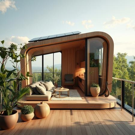 Futuristic eco-friendly nano house, 25 square meters, off-grid modular design, seamless integration with nature, solar panels, rainwater harvesting system, smart glass windows, vertical gardens, biophilic interior, minimalistic yet high-tech aesthetic, wood and recycled composite materials, soft natural lighting, cozy and highly functional living space, panoramic view, compact yet luxurious, innovative space-saving solutions, tranquil and sustainable environment, ultra-modern eco-home