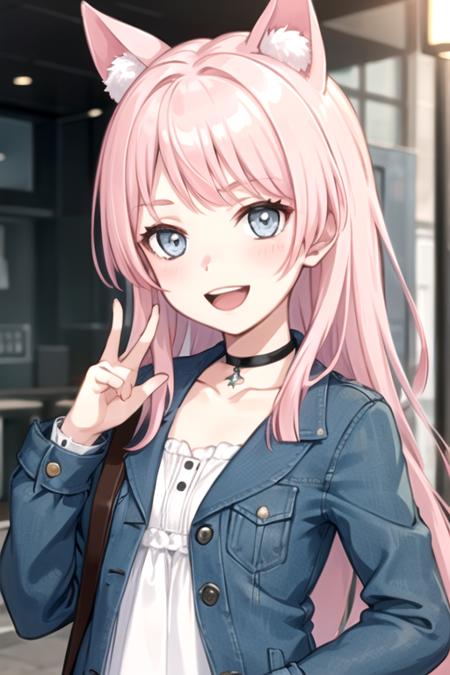 <lora:ChihayaAnon-07:0.7> , anonmygo, 1girl, solo, long hair, looking at viewer, smile, open mouth, blue eyes, long sleeves, collarbone, jacket, upper body, pink hair, :d, choker, star (symbol), grey eyes, v, black choker