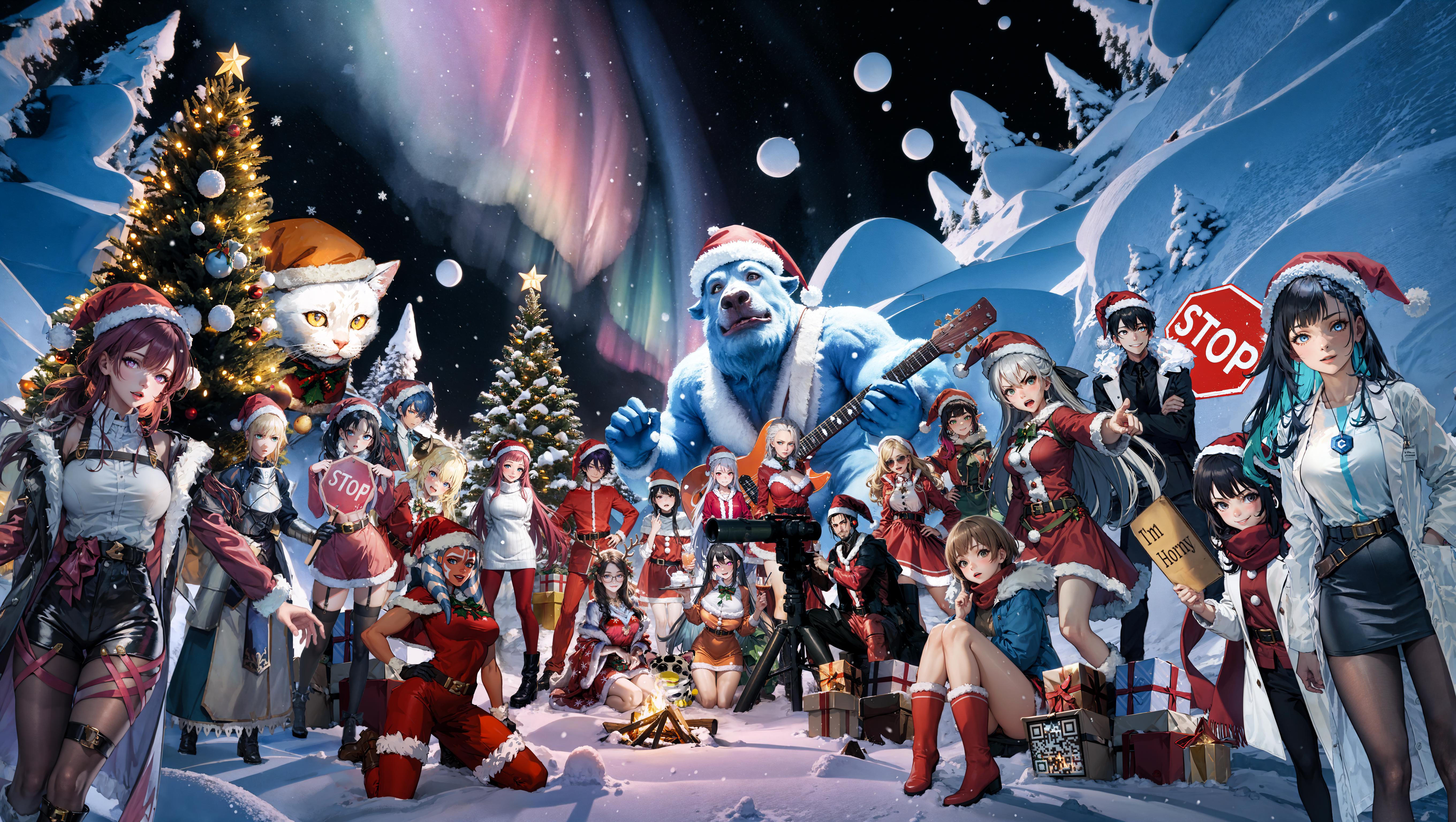 A Christmas card featuring a group of cartoon characters posing in front of a Christmas tree. The characters are dressed in winter clothing and are of various sizes and poses. Some of them are holding guitars, while others are holding presents. The scene appears to be set in a snowy landscape, with a beautiful color scheme including pink, blue, and purple hues. The characters are arranged in a visually appealing manner, making the card a festive and joyful representation of the holiday season.