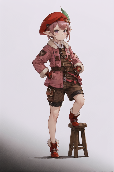 mogi yuusuke, 1girl, ankle boots, tataru taru, artist name, belt, beret, boots, brown gloves, brown shorts, clothes grab, collared jacket, company name, copyright, copyright name, cross-laced footwear, elbow gloves, fingerless gloves, full body, fur-trimmed jacket, fur trim, gloves, gloves removed, gradient background, hat, hat feather, hatching (texture), jacket, lace-up boots, lalafell, legs together, looking at viewer, pink hair, pink jacket, pointy ears, puffy shorts, purple eyes, red footwear, red headwear, shoes, shoes removed, short hair, shorts, smile, solo, standing, stool, white background, ((masterpiece)) <lora:mogi_yuusuke_offset:1>