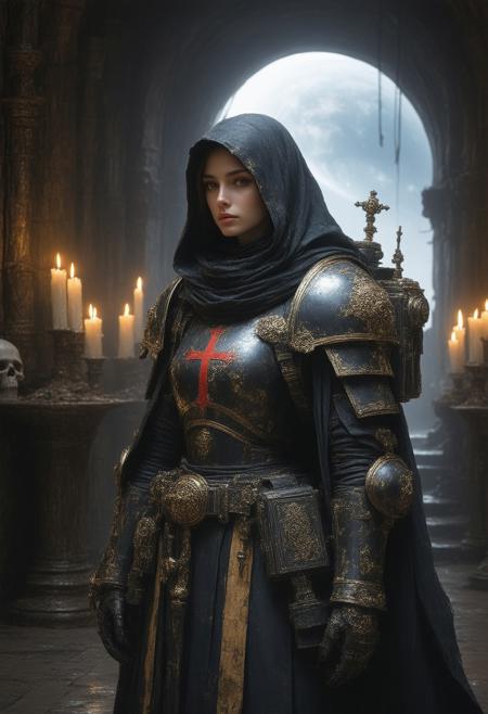 A semi-realistic female Adepta Sororitas Hospitaller stands solemnly in a gothic medbay aboard an Imperial warship. She wears black and white armor adorned with gold trim, purity seals, and the red Ecclesiarchal cross. A white coif and black mantle frame her freckled face and calm blue eyes. Her medical backpack is a servo-assisted reliquary, etched with sacred scripture and filled with holy medicae tools and relics. A wrist-mounted device projects gothic-styled holograms of vitals and gene scans.
At her side is a hooded servitor, draped in rags and equipped with surgical tools, chanting in Low Gothic. The medbay is lit by candles, incense, and red auspex glow, with arches carved in skulls and saints. Behind her, a stained-glass viewport reveals a war-torn planet and cold stars.
Style: Semi-realism
Theme: Warhammer 40K, Gothic Sci-fi
Lighting: Candlelight, auspex glow, faint starlight