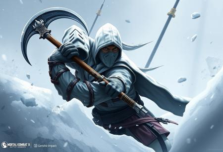 Create a highly detailed, dynamic concept art piece featuring a white American soldier from Mortal Kombat 11, wielding a sickle and taking cover behind a pile of snow. The character should be in an action pose, with a sharp focus on their facial expression and attire. The background should be a cold, snowy environment, with elements inspired by the fantasy world of Genshin Impact. The art style should be reminiscent of Dungeons and Dragons illustrations, with a matte finish and trending aesthetics found on Artstation. The image should be suitable for featuring on Unsplash.