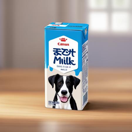 A can of dog milk beverage sitting on a wooden table, medium: photography, style: hyper-realistic with a focus on the texture and details of the can and liquid, lighting: soft, natural daylight filtering through a window to highlight the can's features, colors: vibrant yet natural, with a focus on the whites and blues of the can, composition: shot with a Canon EOS 5D Mark IV DSLR camera, EF 50mm f/1.8 STM lens, Resolution 30.4 megapixels, ISO sensitivity: 100, Shutter speed 1/125 second, <lora:boxdrinks:0.65>,packdrinks