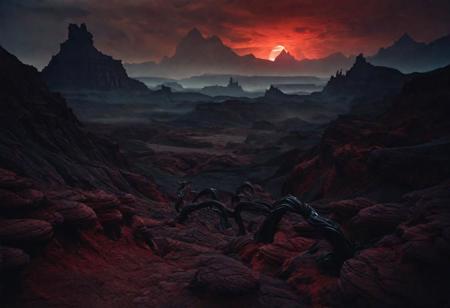 Red Rocky landscape, with deep canyons, black twisting vines, sci-fi aesthetics, film photography style, a moody picture of Gas Giant alien landscape composed primarily of hydrogen and helium, with no solid surface and a thick atmosphere (with a tall red mountain with a demonic face carved into the side in the background:1.2), cloudy weather, at dawn, dim lit, foggy, muted colors, hazy, vintage, analog style, Busy crowded city strret, City<lora:SDXL_FILM_PHOTOGRAPHY_STYLE_Alphav0.2:1>