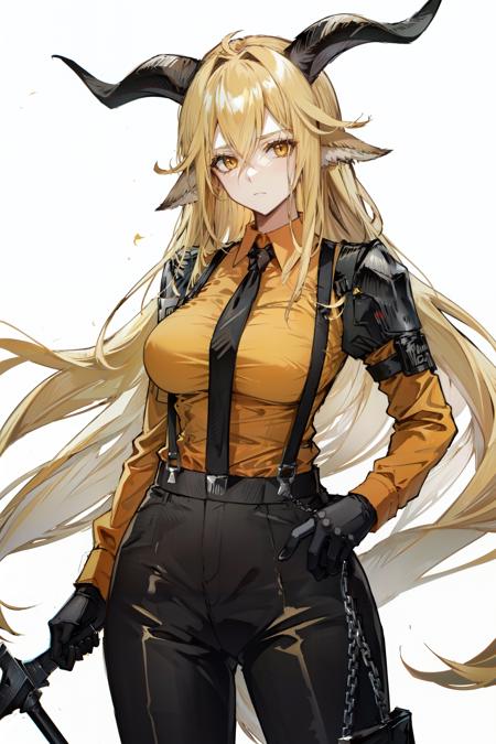 degenbrecher(arknights), necktie, goat girl, black necktie, looking at viewer, large breasts, horns, weapon, hair between eyes, goat horns, suspenders, animal ears, pants, solo, 1girl, long sleeves, white background, long hair, closed mouth, blonde hair, very long hair, black pants, black gloves, yellow eyes, collared shirt, orange shirt, goat ears, simple background, cowboy shot, shirt<lora:degenbrecher:0.7>