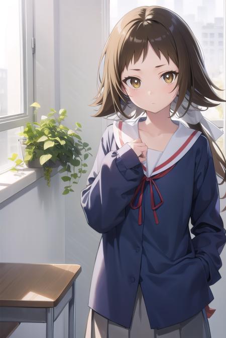 mashiromitsumine, <lora:mashiromitsumine-lora-nochekaiser:1>,
mashiro mitsumine, (brown eyes:1.5), brown hair, ponytail, (flat chest:1.2),
BREAK grey skirt, long sleeves, neck ribbon, red ribbon, ribbon, sailor collar, school uniform, skirt, white sailor collar, (blue shirt:1.5),
BREAK looking at viewer, full body,
BREAK indoors, classroom,
BREAK <lyco:GoodHands-beta2:1>, (masterpiece:1.2), best quality, high resolution, unity 8k wallpaper, (illustration:0.8), (beautiful detailed eyes:1.6), extremely detailed face, perfect lighting, extremely detailed CG, (perfect hands, perfect anatomy),