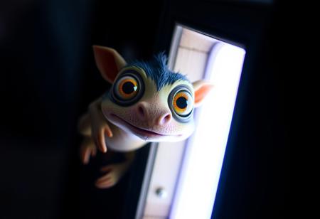 A whimsical creature with large, curious eyes peeks into the right side of a vertical canvas, its gaze piercing through the frame and directly into the viewer. The frame appears to warp slightly, as if bending to accommodate the creature's playful presence. A vibrant glow emanates from within, casting an otherworldly light on the scene.