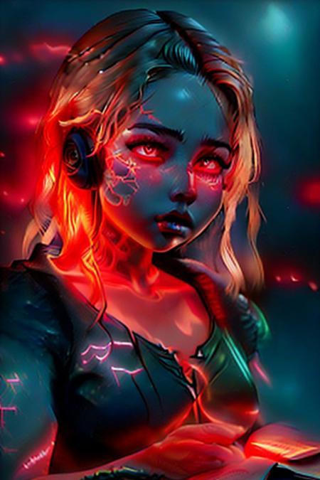 masterpiece, best quality, oil painting \(medium\), real, solo, 1girl, blonde hair, headphones, hair curls, read neon background, sound waves, red neon, red dress, musical note, red lipstick, medium hair, ringlets, red theme, hand on headphones, frills, puffy sleeves, short sleevesneon background, face close up,