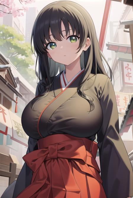 kasumiiwato, <lora:kasumiiwatotest:1>,
kasumi iwato, long hair, (black hair:1.5), (green eyes:1.3), (huge breast:1.2), (hair between eyes:1.5),
BREAK skirt, cleavage, japanese clothes, hakama, hakama skirt, miko,
BREAK looking at viewer,
BREAK outdoors, shrine,
BREAK <lora:GoodHands-vanilla:1>, (masterpiece:1.2), best quality, high resolution, unity 8k wallpaper, (illustration:0.8), (beautiful detailed eyes:1.6), extremely detailed face, perfect lighting, extremely detailed CG, (perfect hands, perfect anatomy),