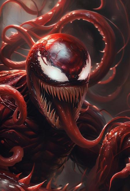 Carnage from Marvel comics, masterful painting in the style of Anders Zorn | Marco Mazzoni | Yuri Ivanovich Pimenov, oil on canvas, big eyes