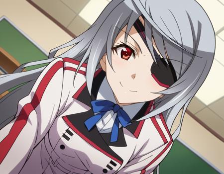 laura bodewig, long hair, red eyes, grey hair, eyepatch, school uniform, ribbon, blue ribbon, long sleeves, red trim, uniform, military uniform, white military uniform, maid, maid headdress, frils, juliet sleeves, puffy sleeves,