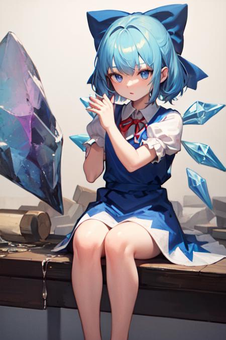 detailed background, masterpiece, best quality, cirno, crystal wings, blue hair, blue eyes, puffy short sleeves, sitting