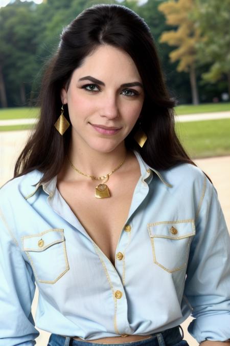 stunningly beautiful <lora:bobbiStarr:1>, pastel button up blouse, close up, perfect day at the park, gold necklace, gold earings, stunning face, RAW, 8K, UHD, stunning eyes, smiling:0.5