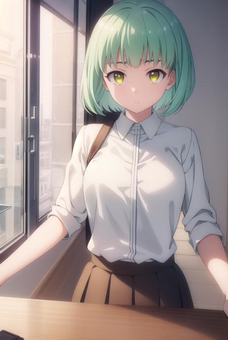 yukikusakabe, <lora:yuki kusakabe s1-lora-nochekaiser:1>,
yuki kusakabe, short hair, (yellow eyes:1.2), green hair,
BREAK skirt, shirt, school uniform, white shirt, pleated skirt, brown skirt,
BREAK indoors, classroom,
BREAK looking at viewer,
BREAK <lyco:GoodHands-beta2:1>, (masterpiece:1.2), best quality, high resolution, unity 8k wallpaper, (illustration:0.8), (beautiful detailed eyes:1.6), extremely detailed face, perfect lighting, extremely detailed CG, (perfect hands, perfect anatomy),