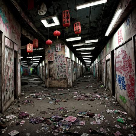 abandoned chinese market, liminal space, creepy people, dark colors, soft lighting, night, garbage on floor, posters on wall, graffiti