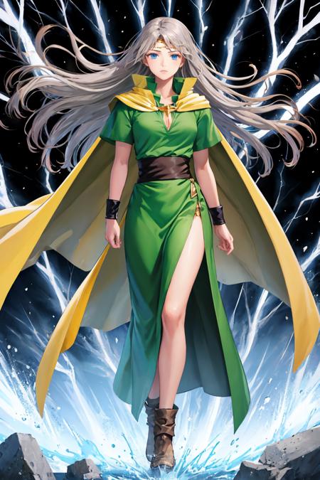 masterpiece, best quality, trsalicia, grey hair, medium breasts, circlet, green shirt, green dress, cape, simple background, black background, FEH, standing, thunder, lightning, furrowed brow, whole body <lora:trsalicia-nvwls-v1-000009:0.9>  <lora:FEH_Concept_v2:1>