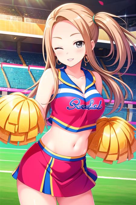 (masterpiece, best quality), highly detailed background, perfect lightingbest quality, ogawayui, solo, outdoors, cheerleader, blonde hair, brown hair, side ponytail, long hair, one eye closed, grey eyes, earrings, jewelry, breasts, red shirt, crop top, <lora:GoodHands-vanilla:1>, pom pom \(cheerleading\), red skirt, mini skirt, smile, closed mouth, parted lips, ;), pink lips, <lora:Ogawa-Yui:0.7>