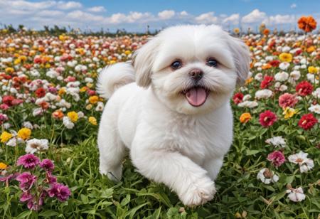Masterpiece, highres. Highly detailed. Close-up photo of white  shih tzu puppy running through field of colorful flowers, fluffy fur, huge flowers, big eyes. cute, happy, joy. The sun is shining. Blue sky with fluffy clouds. aidmaMJ6.1
