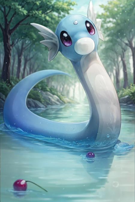 DratiniPokemon dragon, serpentine creature, round snout, white snout, angelic wings on head, multicolored body, blue body, white body, forehead jewel