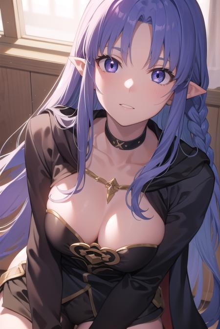 medea, blue hair, long hair, (purple eyes:1.1), purple hair, braid, hair braid, single braid, pointy ears, choker, cloak, hood, jewelry, magic, ring, robe, solo, witch,