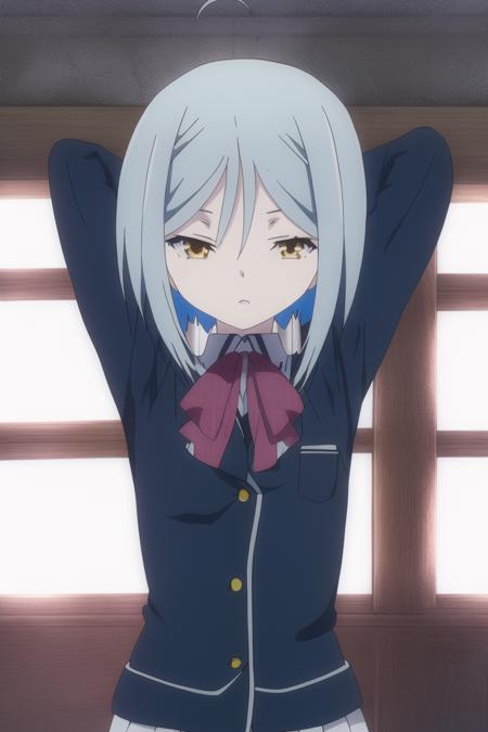 <lora:Arin_Kannazuki_v1:1>,Arin_Kannazuki,
masterpiece,best quality,1girl,solo,nice hand,good hand,
school uniform,yellow eyes,((silver blue hair)),hands behind head,