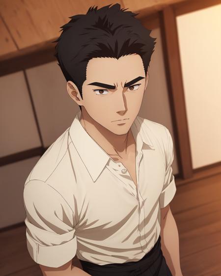 best quality,masterpiece,highly detailed,ultra-detailed, <lora:neg4all_bdsqlsz_V3.5:-1>,1boy <lora:IsamiAo:0.75>isami ao, bangbravern, 1boy, male focus, solo, black hair, short hair, thick eyebrows, upper body, black eyes, looking at viewer
shirt, jack