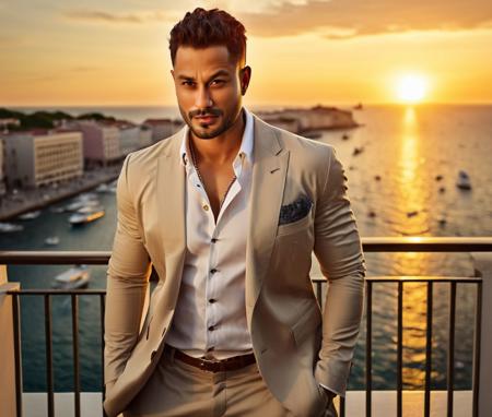 Nautical-themed (Photo:1.3) of (Ultrarealistic:1.3) <lora:Man_Men_FFashion:1> Neymar a man <lora:kunalkhemu-Neymar:1> in a tan suit standing on a balcony, sun behind him, inspired by Pablo Munoz Gomez, shot at golden hour, editorial photograph, midshot of a hunky, by Roman Bezpalkiv, by Artur Tarnowski, maxim sukharev, by Gabor Szikszai,Highly Detailed,(Mono Color:1.3) . Sea, ocean, ships, maritime, beach, marine life, highly detailed