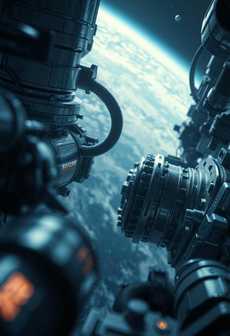 Realistic cinematic scene in 4K resolution of a modern space station docking, close-up of docking glands, hydraulic mechanisms, and connector tubes, soft reflections on metallic surfaces, subtle ambient lighting, cold blue and grey color tones, melancholic and nostalgic atmosphere, Earth visible in the background, light fog and particles in space, highly detailed, photorealistic, cinematic lens effects, shallow depth of field, modern sci-fi style, sharp focus
