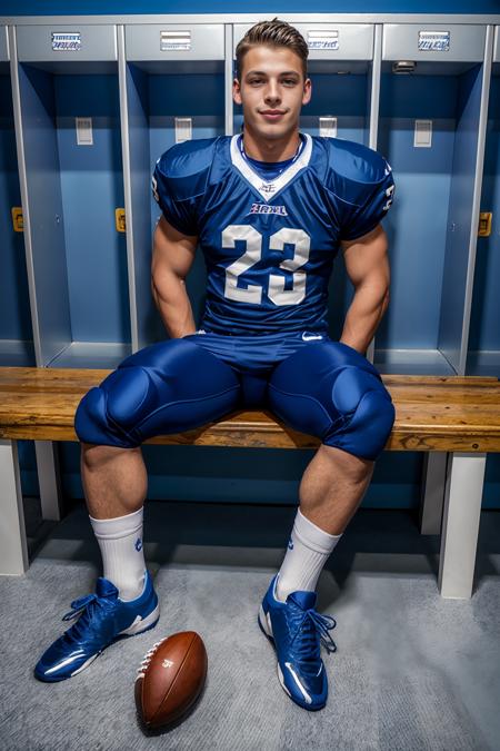 in an American football locker room, (sitting on a bench), legs spread open, JeroenMondrian, American football player wearing American football uniform, American football shoulder pads, (((blue  jersey))), jersey number 12, ((blue football pants and pads)), (white socks), (blue sneakers), slight smile, masterpiece, (((full body portrait))), full body shot <lora:JeroenMondrian-000008:0.75>