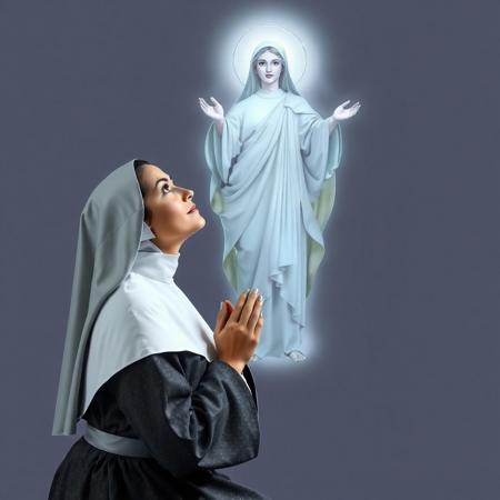beautiful woman in nun's habit, grey and white, on knees, praying with eyes open, looking up at translucent image of a lovely female saint, with flowing robe, halo, outstretched arms, beatific smile